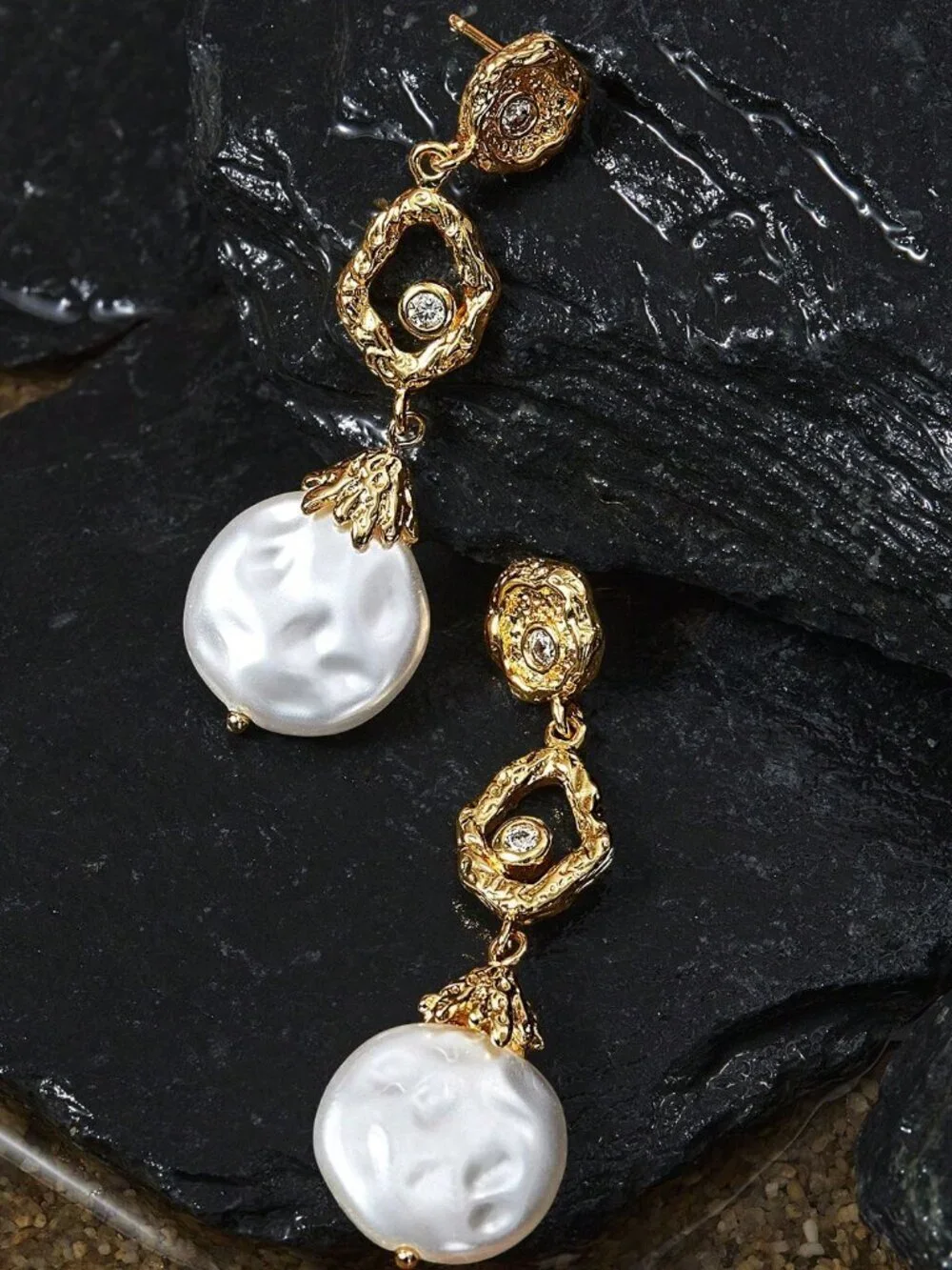 Gold Women's Gold Plated Hammered Texture faux pearl Earrings